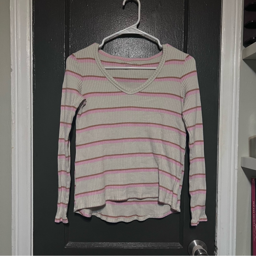 White Long Sleeve with Brown & Pink Stripes